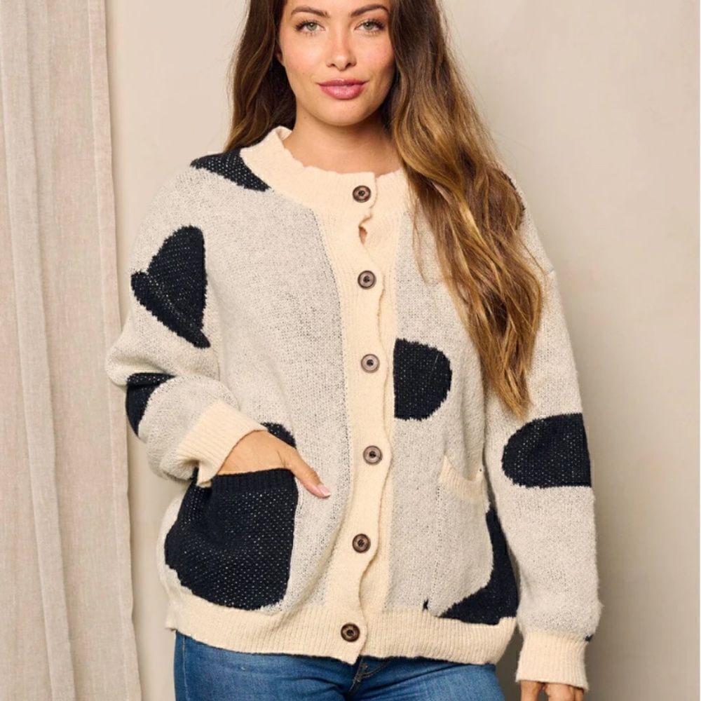Popular Cow Hide Knit Pattern Button Front Cardigan Sweater Black Cream Pockets